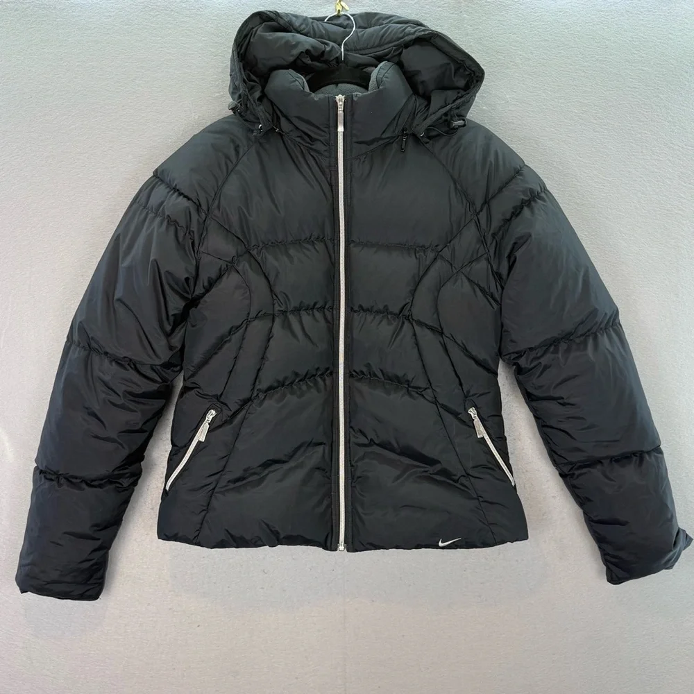 Nike Y2K vintage big girls black down puffer jacket ‎ grey tag  full zip coat L